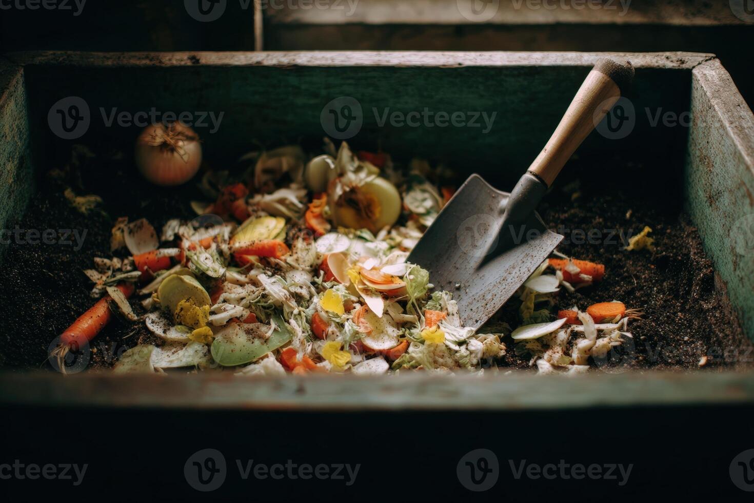 Compost bin filled with colorful vegetable scraps and soil in a rustic setting photo