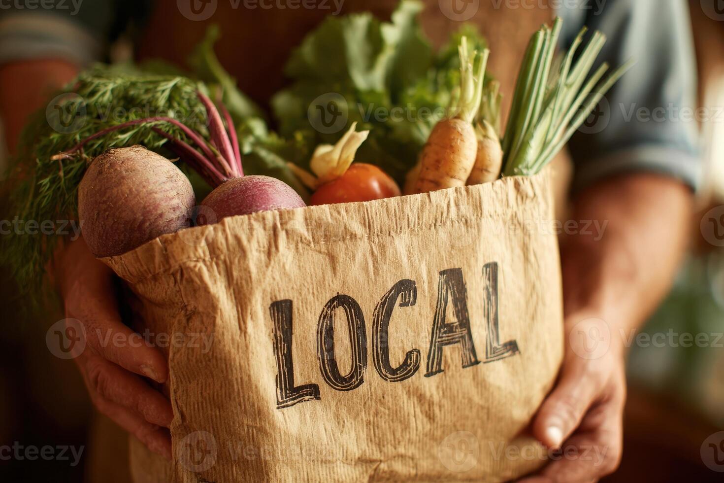 Fresh local produce in a rustic bag prepared for market day by a farmer in a warm, inviting setting photo