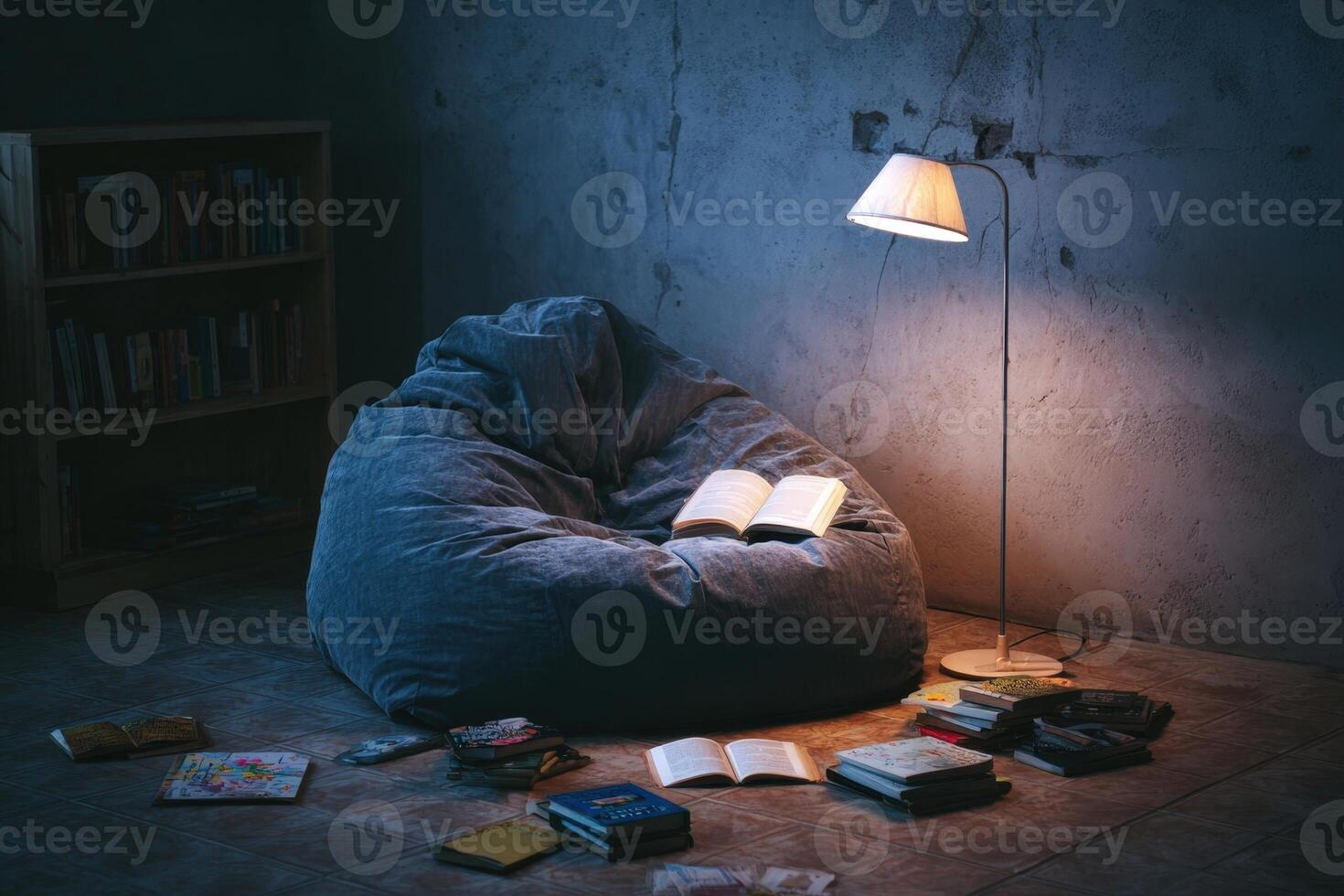 Comfortable reading nook with a bean bag and books in a cozy, dimly lit room during evening hours photo