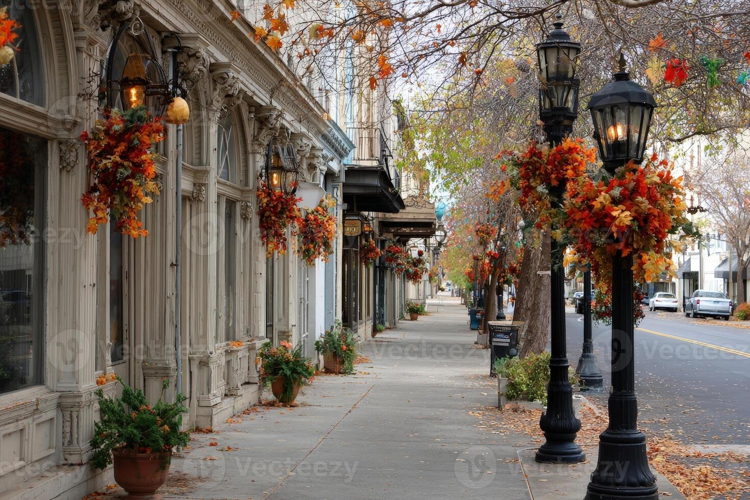 Charming autumn street adorned with colorful foliage and warm lampposts in a small town setting during fall photo