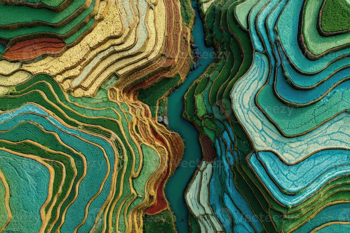 Beautiful terraced fields with vibrant colors creating stunning patterns in the landscape of a mountainous region photo