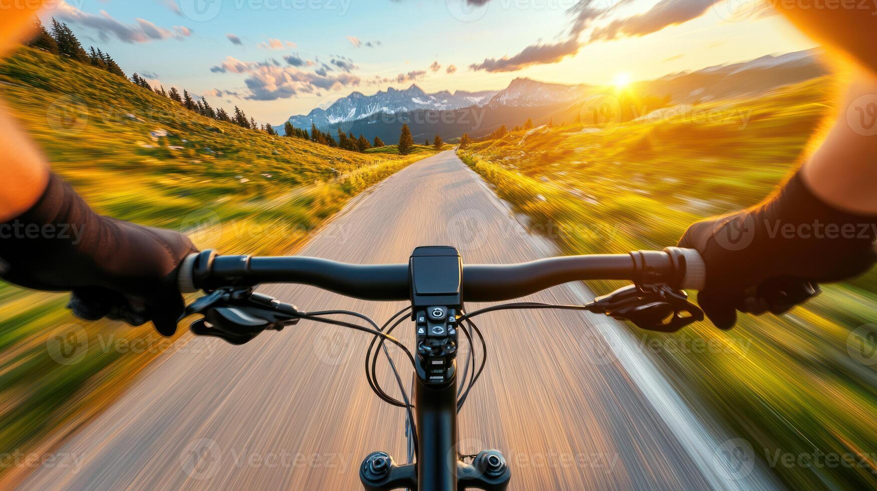 Point of view of cyclist riding toward mountains through valley path. Motion blur photography. Sports and landscape adventure concept. photo