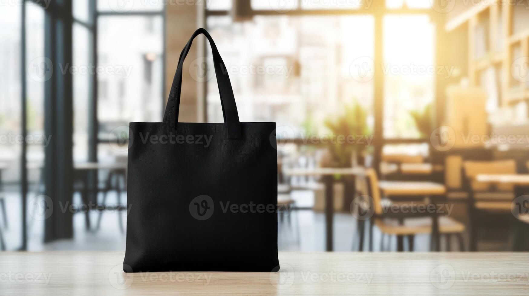 Black tote bag standing on wooden table in bright cafe interior with sunlight and blurred background. Product display mockup. photo