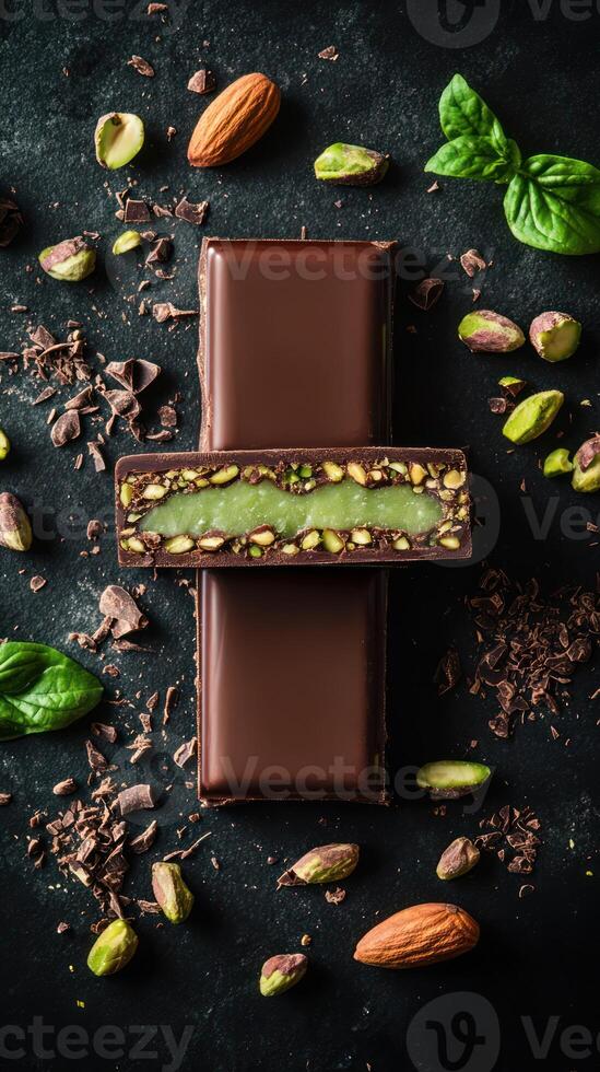 Chocolate bar with pistachio filling photo