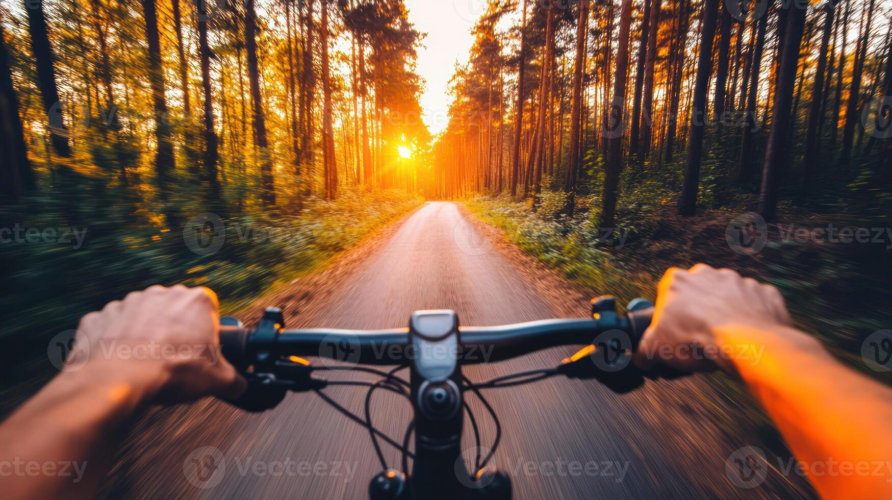 Point of view of cyclist riding on forest road at sunset. Motion blur photography. Adventure and outdoor travel concept. photo