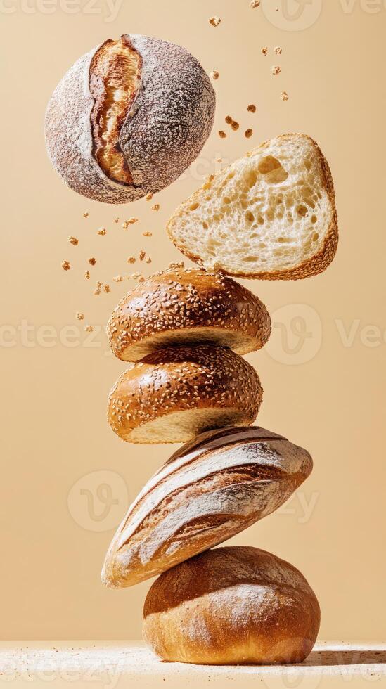 Different types of bread floating with crumbs in air on beige background. Studio food photography. Artisan baking and organic food concept. photo