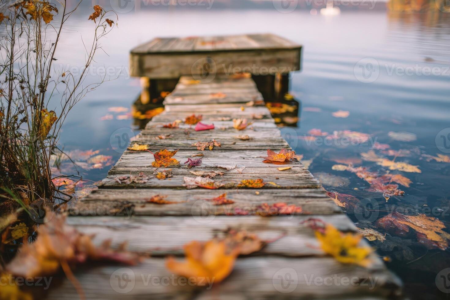 Autumn leaves scattered on a serene lakeside dock at dawn photo