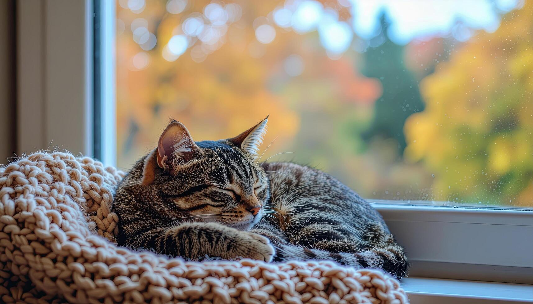 A cat is sleeping on a blanket by a window. The cat is curled up and he is very relaxed. The window is open, allowing a gentle breeze to flow through the room. Concept of calm and tranquility photo