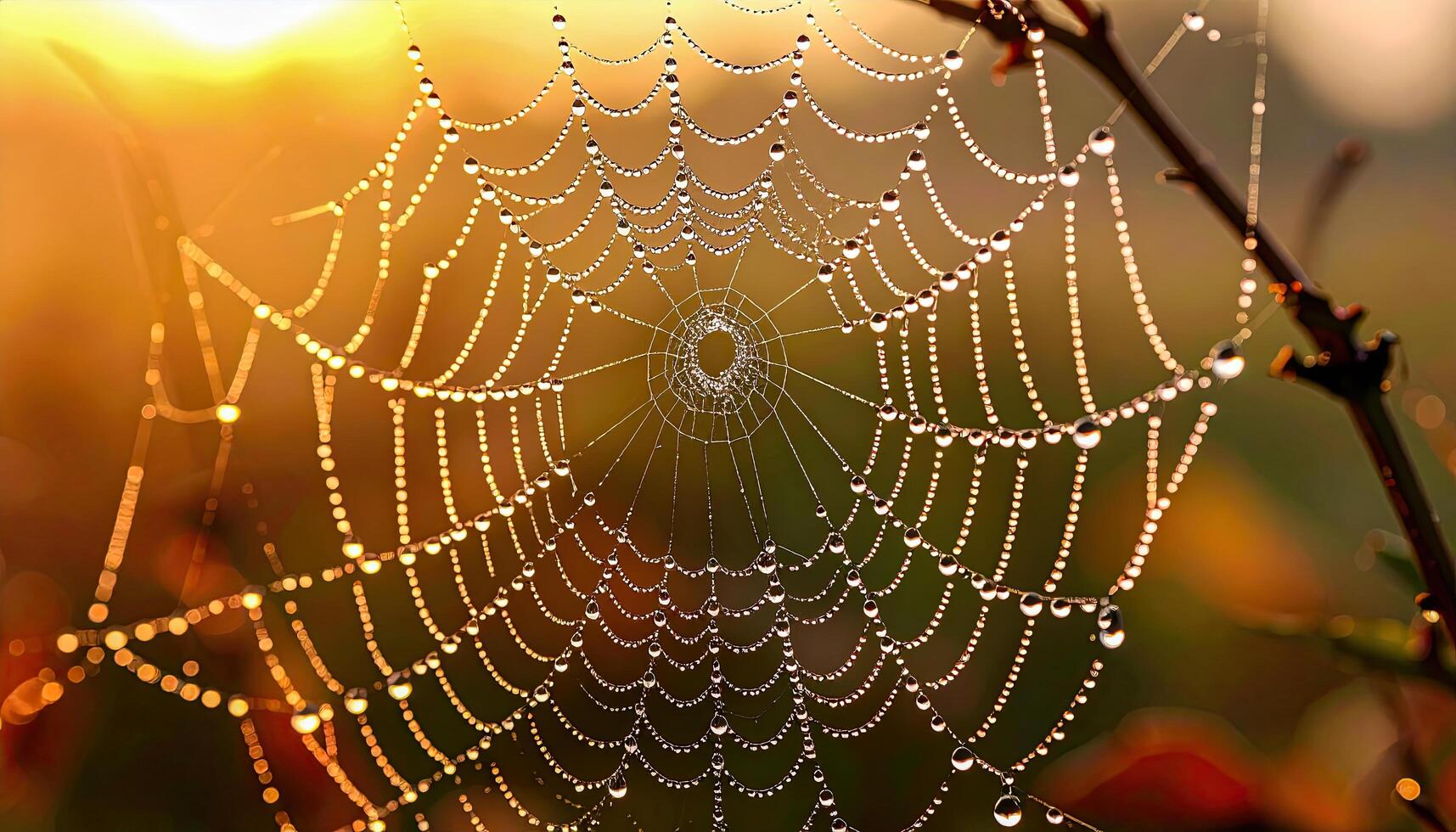 A spider web is covered in dew drops, creating a beautiful and serene scene. The spider web is a symbol of the delicate balance of nature and the interconnectedness of all living things photo