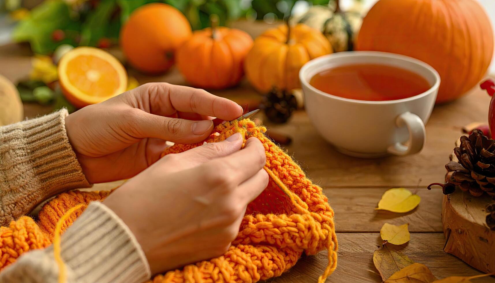 A person is sitting at a table, knitting a scarf while sipping on a cup of tea. The table is adorned with a bowl of oranges and a few pine cones. The scene conveys a cozy and relaxing atmosphere photo