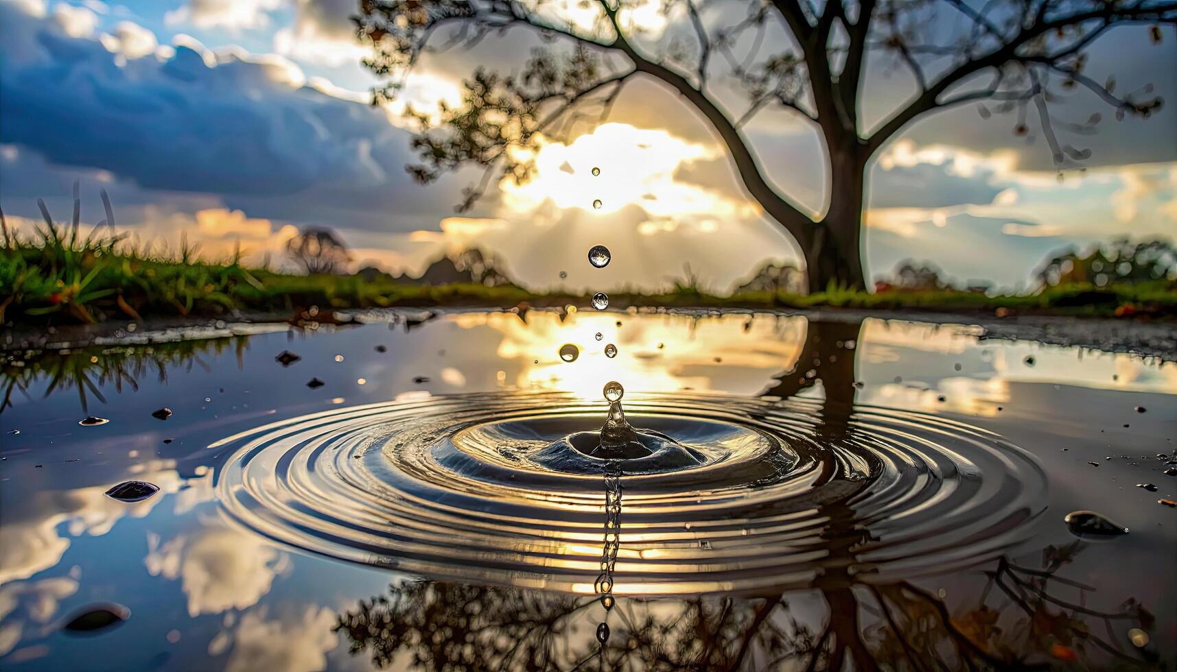 A small drop of water falls into a pond, creating a ripple effect. The scene is serene and peaceful, with the sun setting in the background photo