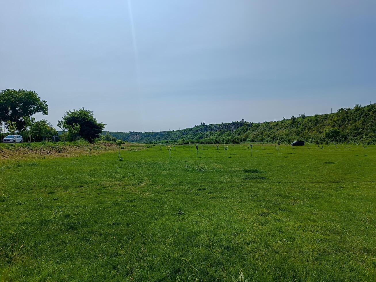 A large, open field with a few trees in the background. The sky is clear and the sun is shining brightly photo