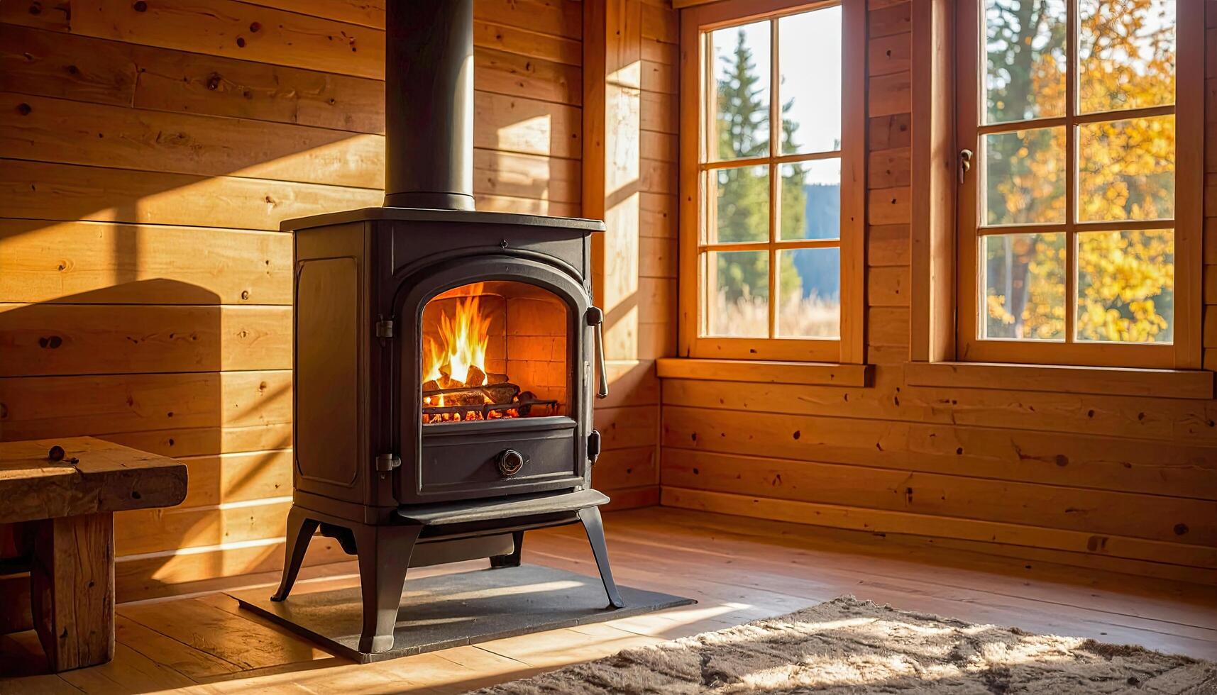 A wood burning stove is in a room with a window. The room is warm and cozy. The fire in the stove is crackling and glowing photo