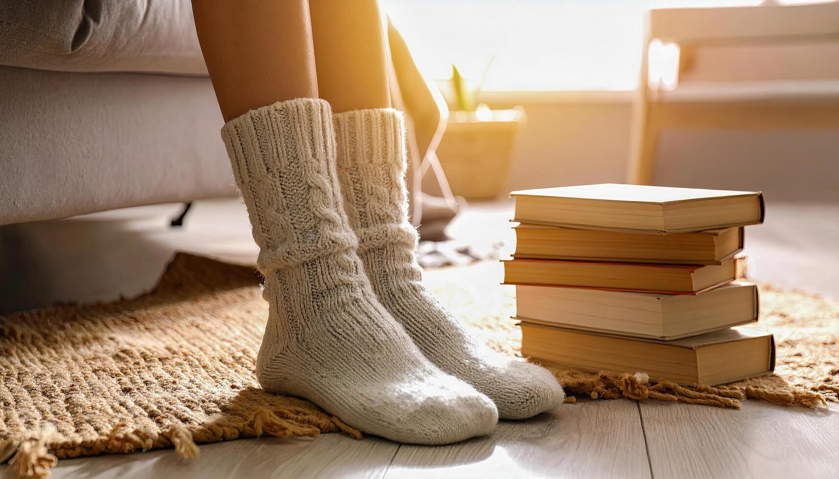 A person wearing fuzzy socks is sitting on a couch with a stack of books in front of them. The scene conveys a cozy and comfortable atmosphere, as the person is relaxed photo