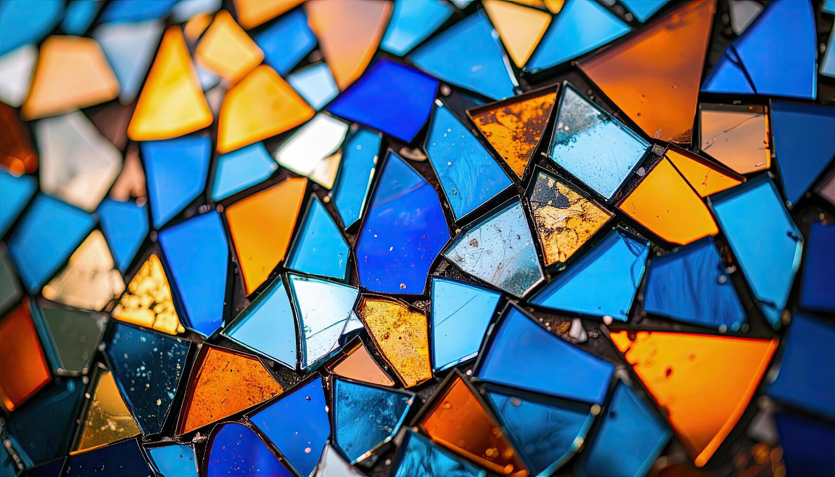 A colorful mosaic made of blue and orange glass pieces. The mosaic is arranged in a way that creates a visually appealing pattern photo