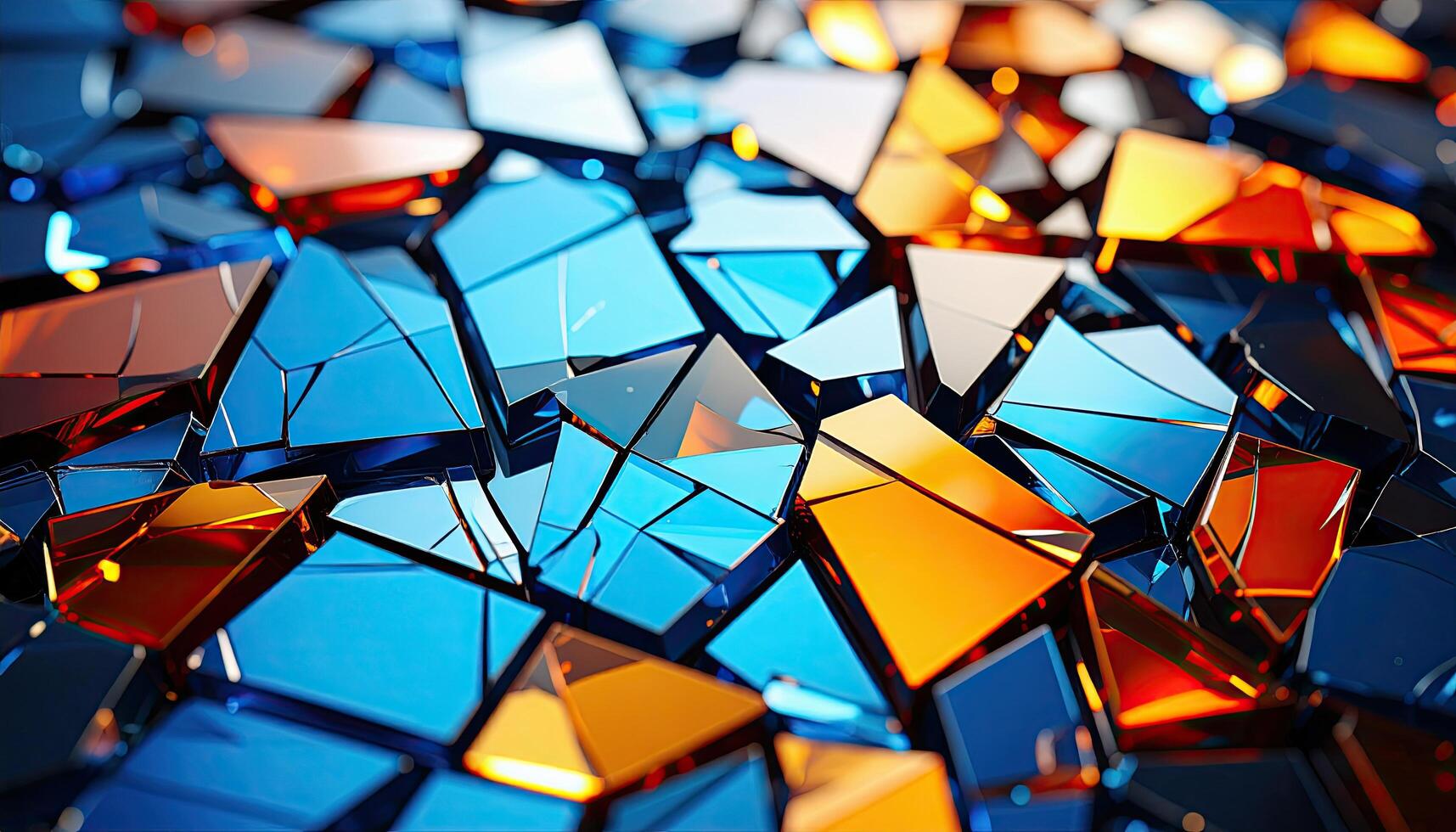 A colorful mosaic of broken glass pieces. The blue and orange pieces are scattered across the image, creating a sense of chaos and disarray photo