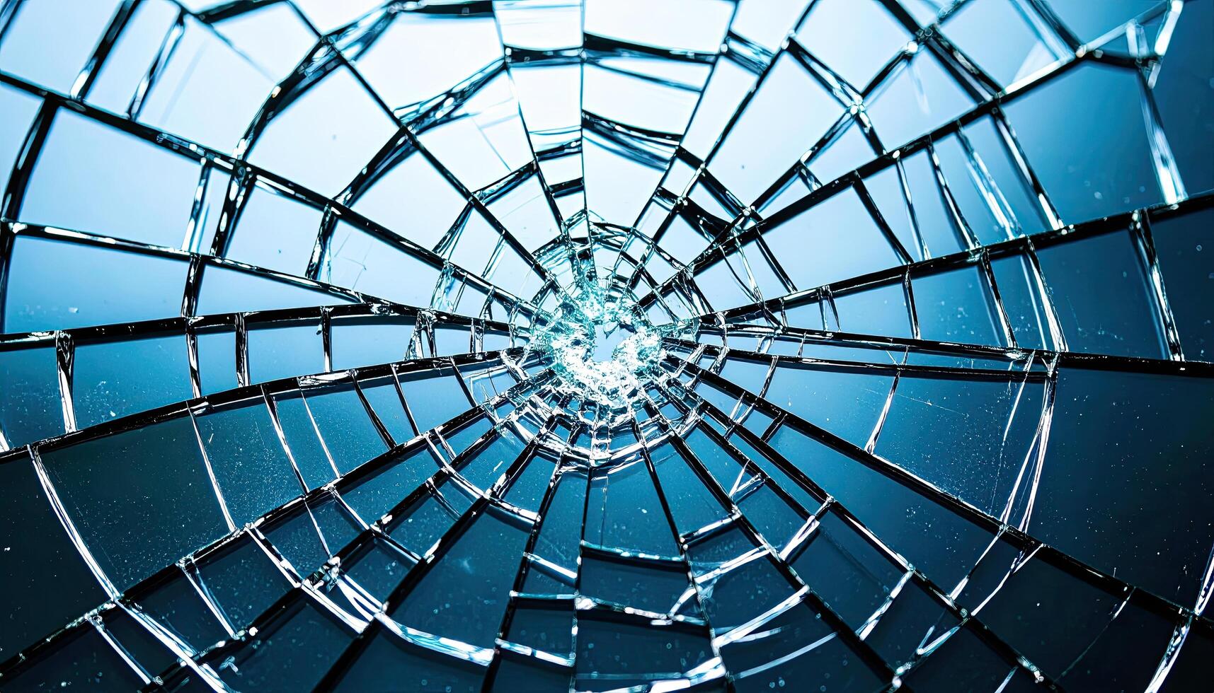 A shattered glass window with a diamond-shaped hole in the center. The broken glass is scattered all over the window, creating a sense of chaos and destruction photo