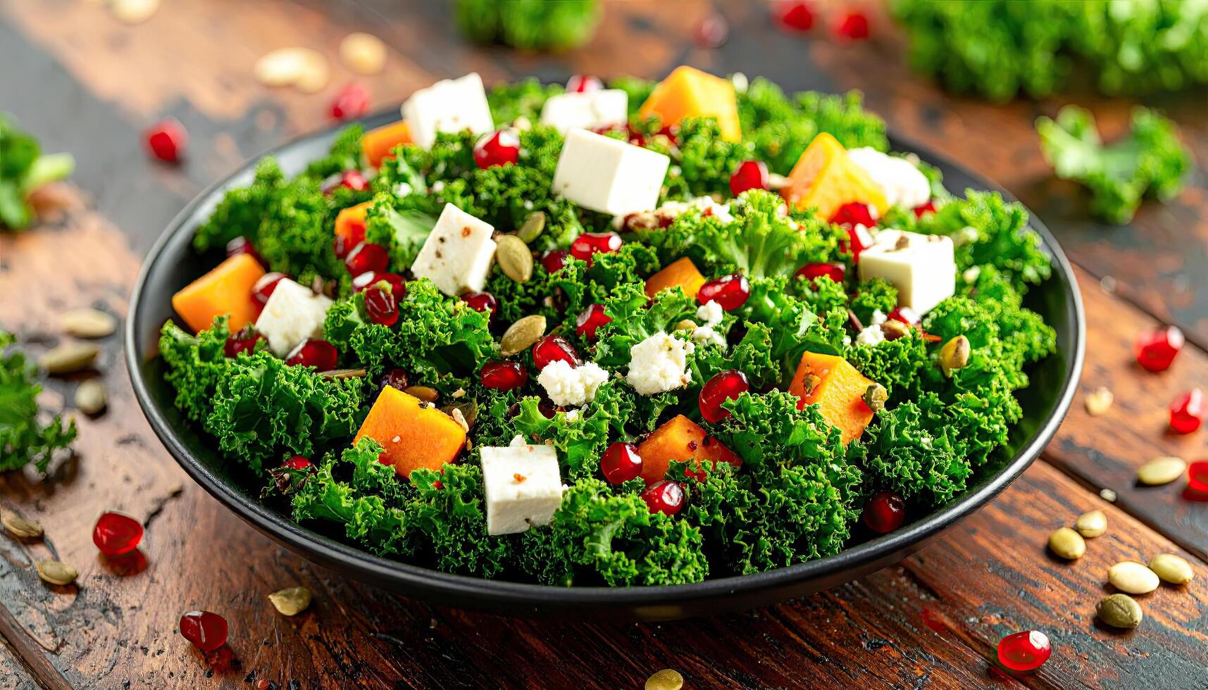 A black bowl filled with a green salad with pomegranate and feta cheese. The salad is served on a wooden table photo