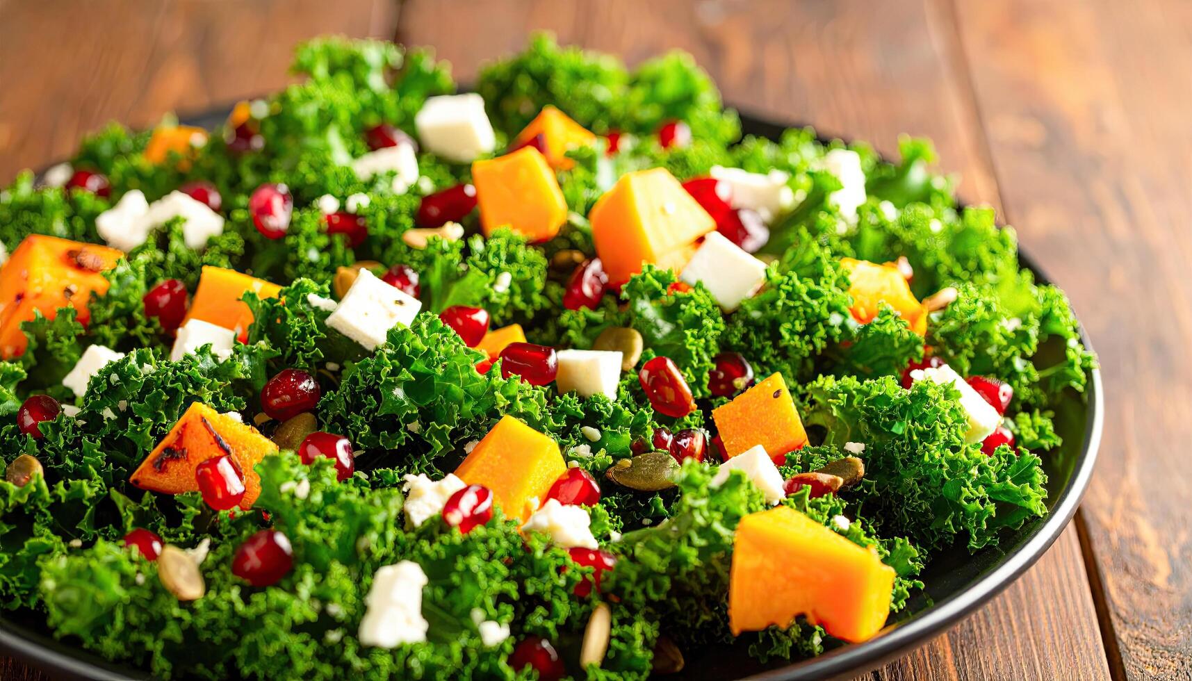 A plate of salad with a variety of vegetables including spinach, pumpkin, and pomegranate photo