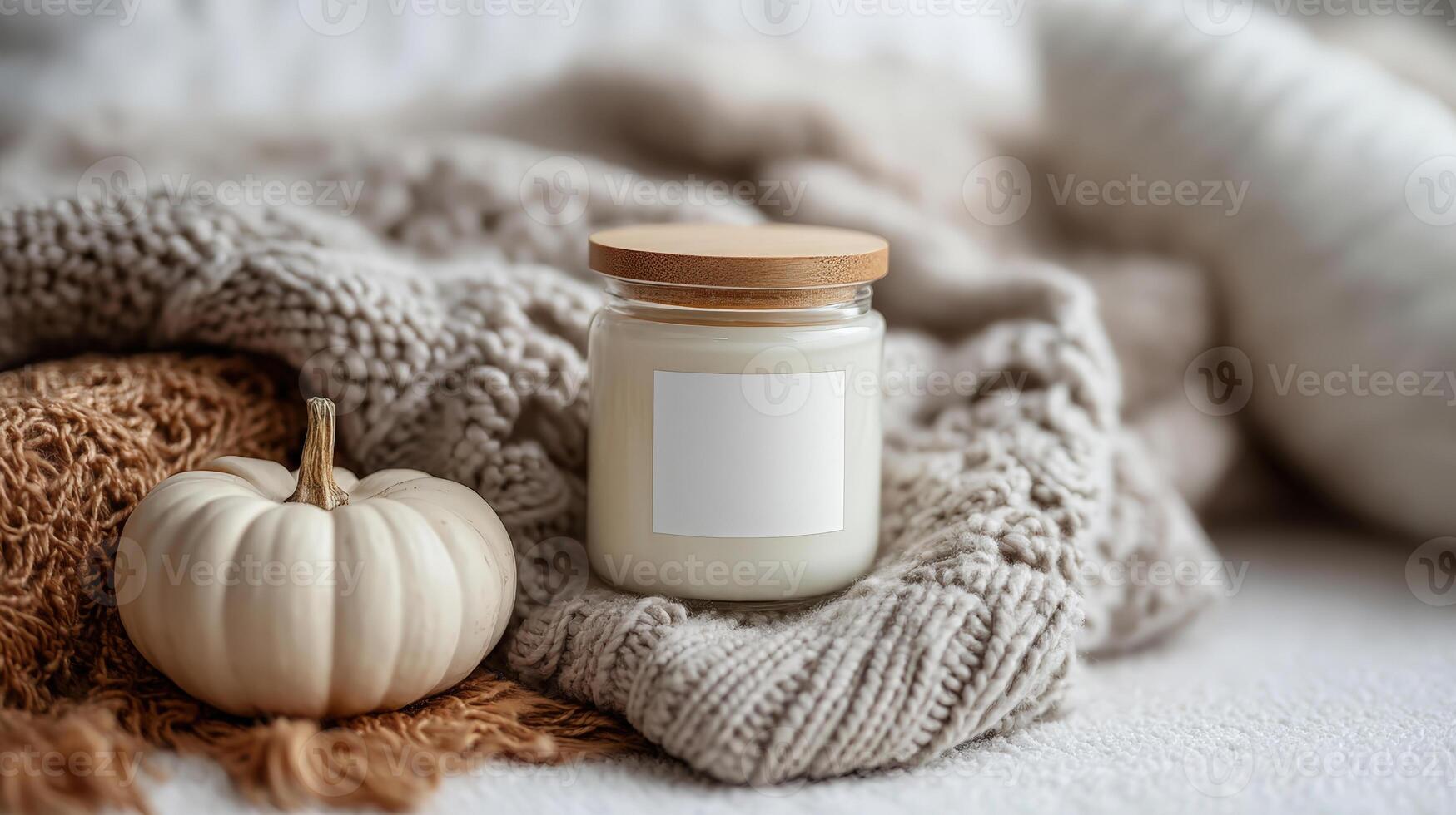 Cozy Candle Label Mockup on Glass Jar with Wood Lid and Autumn Decor photo