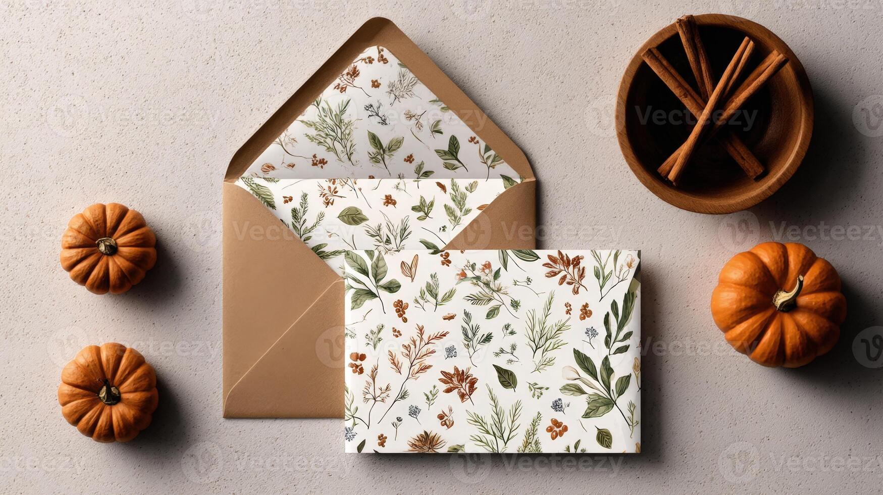 Autumn Botanical Card and Envelope Mockup with Pumpkins and Cinnamon photo