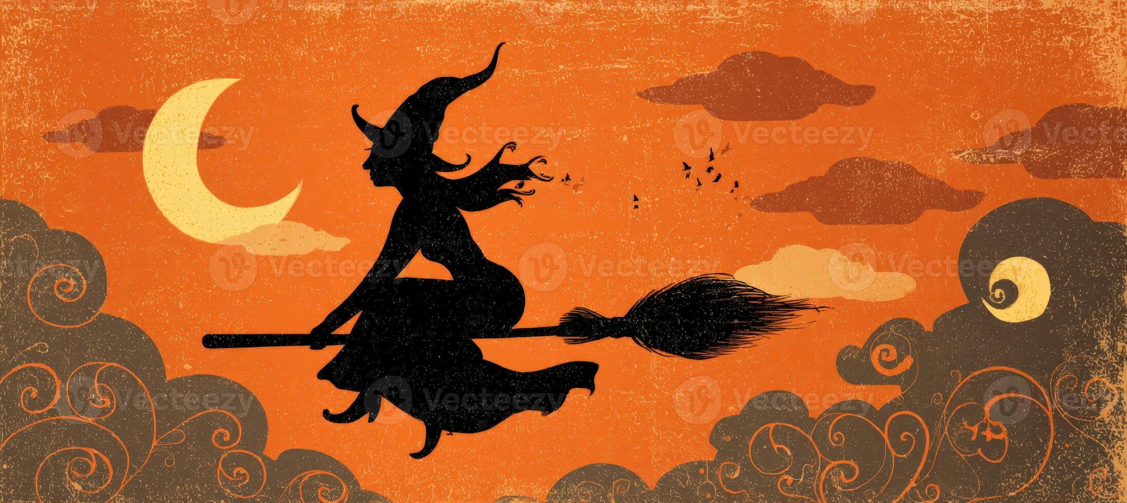 Vintage Witch Silhouette on Broomstick with Crescent Moons and Swirls photo