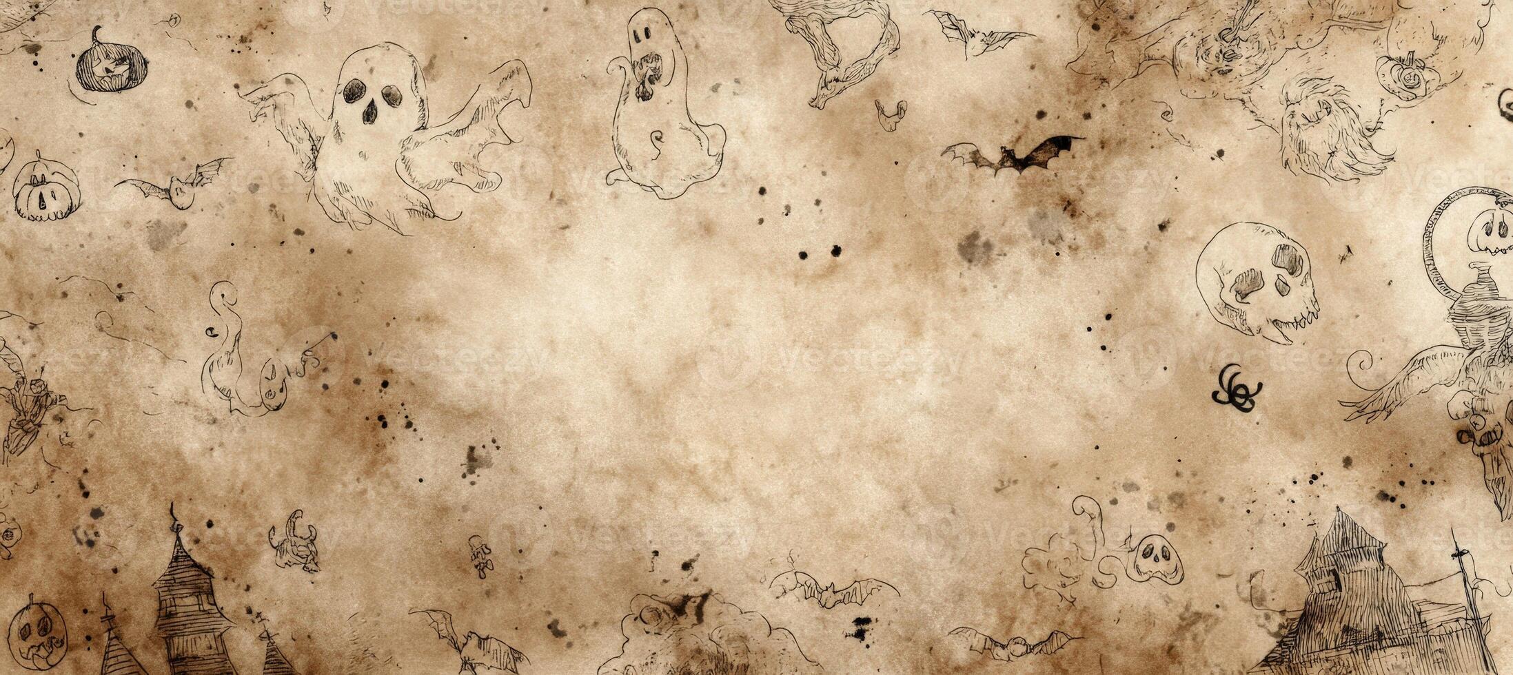 Vintage Halloween Background with Ghostly Doodles and Ink Splatters photo