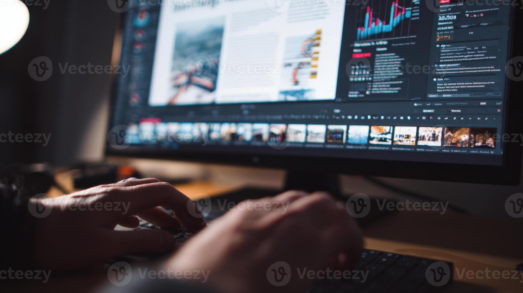First-person View of Hands Typing Headline on Digital Editor with Analytics Displayed photo