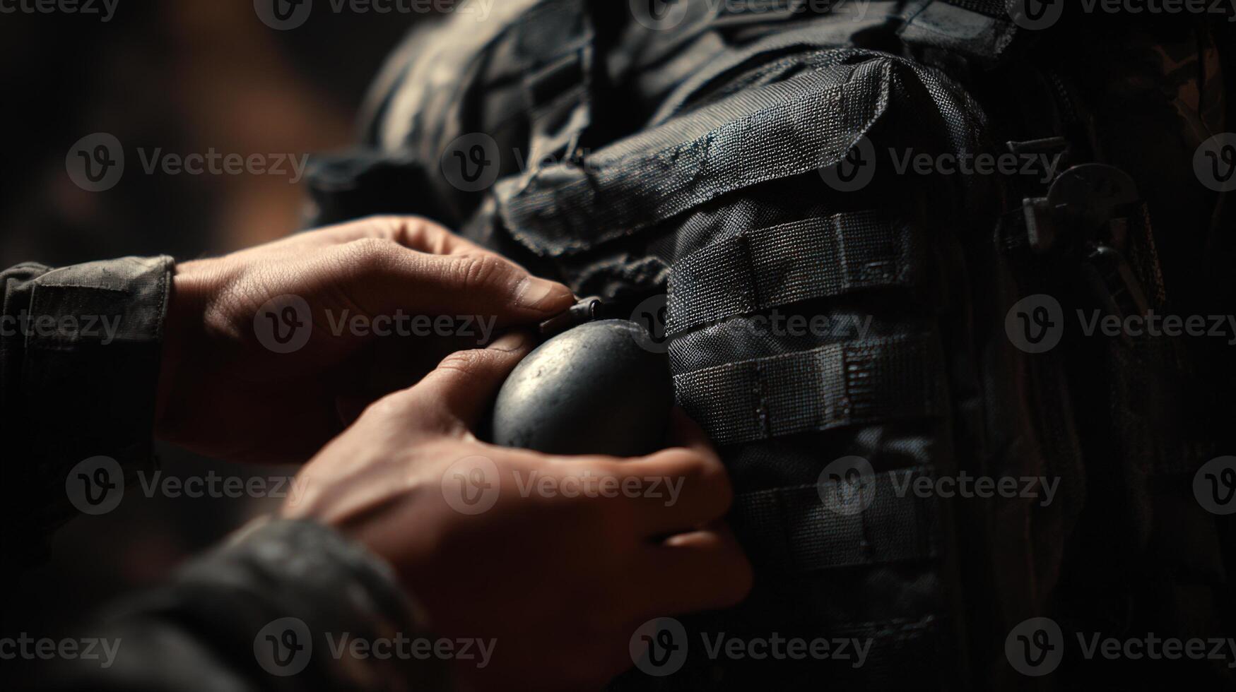 First-Person View of Loading Flashbang into Tactical Pouch in Dark Building photo