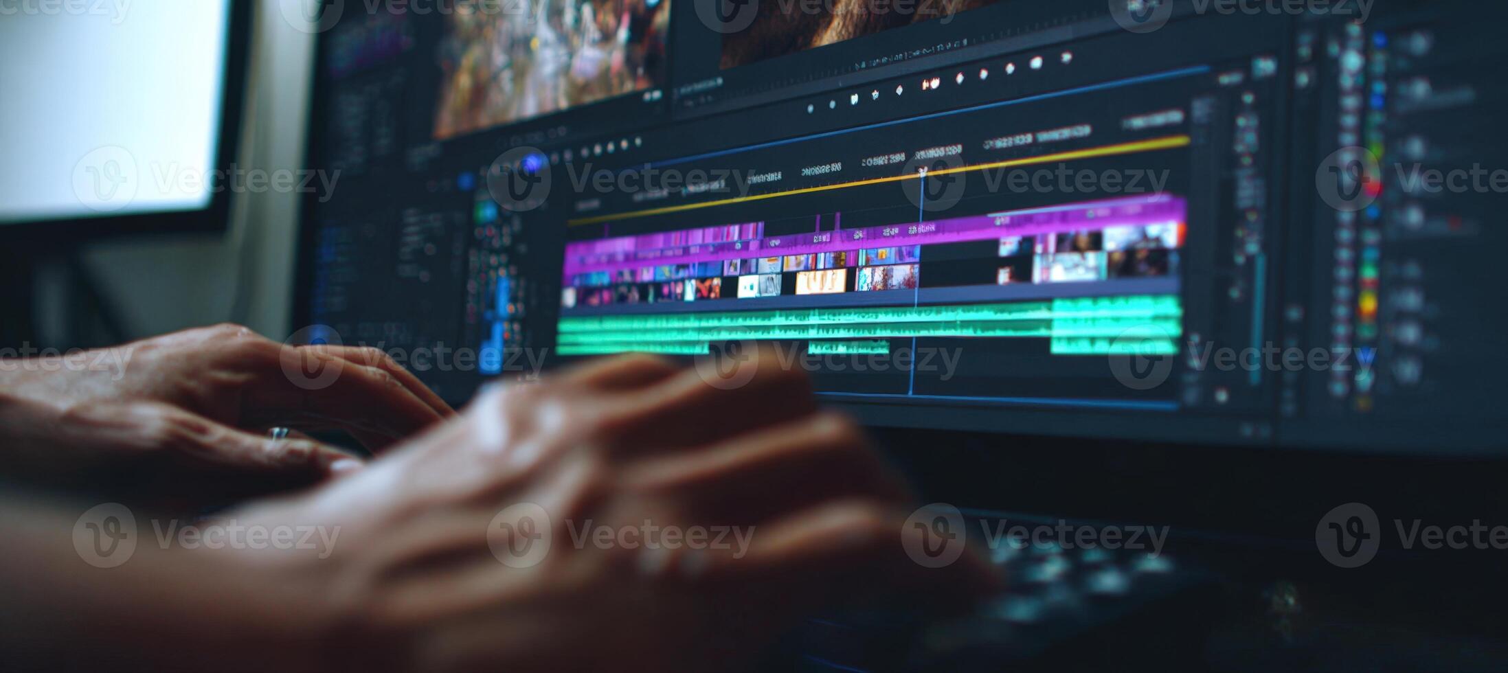 First-Person View of Hands Editing Timeline with Color Grading Tools photo