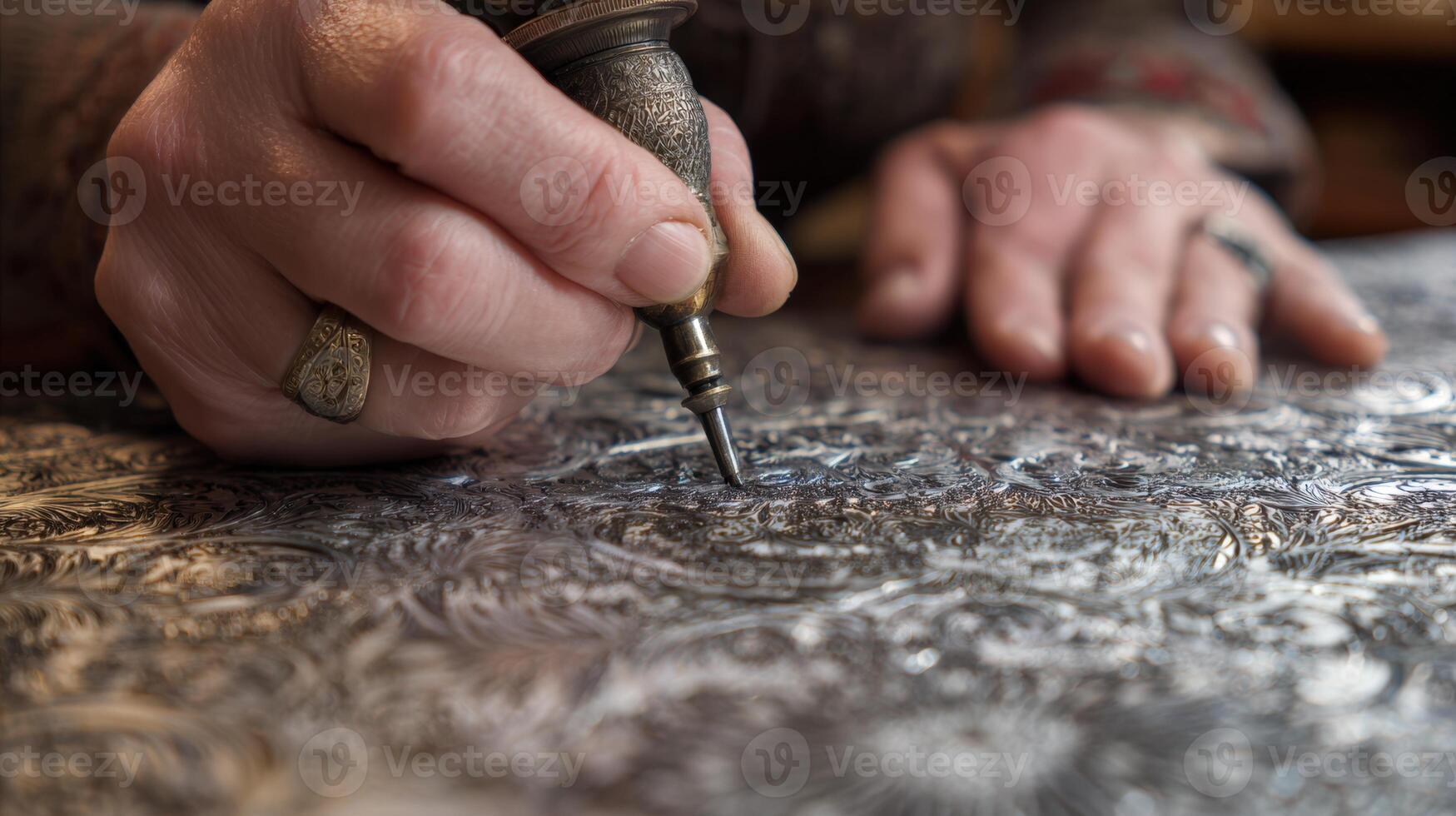 First-Person View of Engraving Tool on Ornate Silver Surface photo