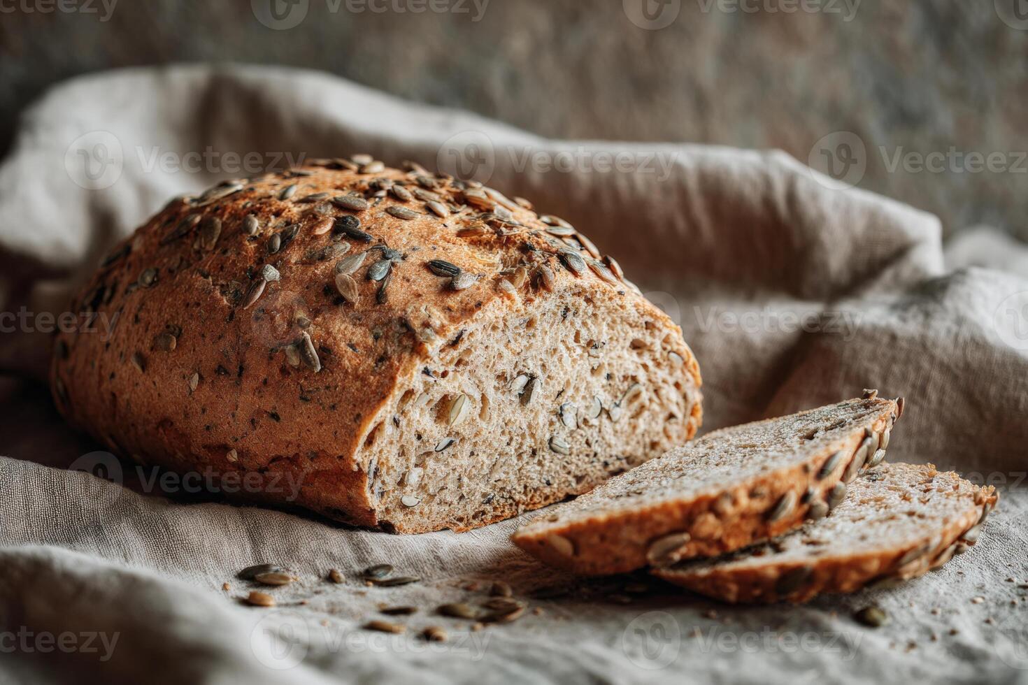 Rustic Seed-Based Vegan Bread Loaf Sliced on Soft Background photo