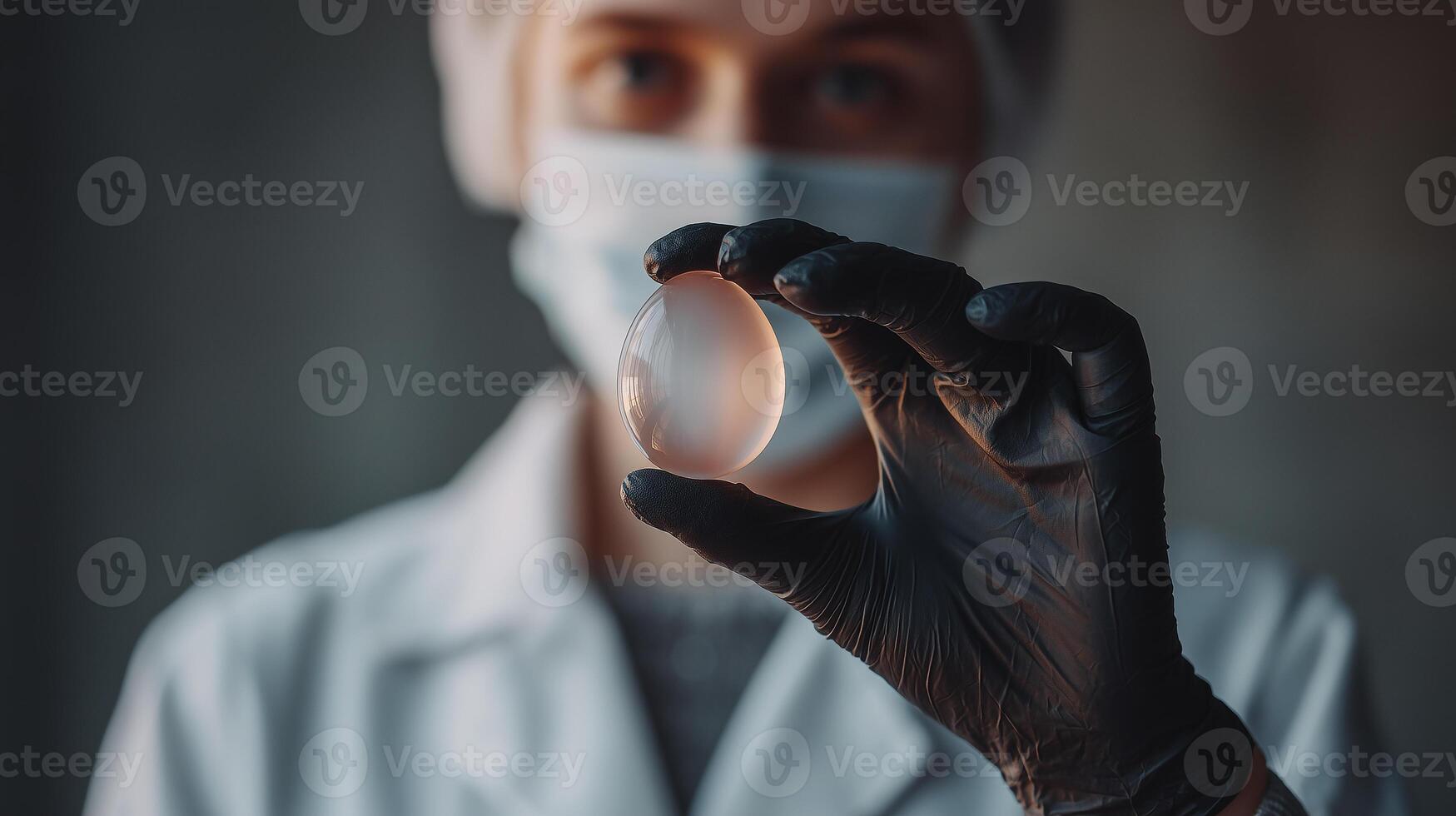 This scientist in a lab coat examines a translucent egg believed to belong to an extinct species. photo