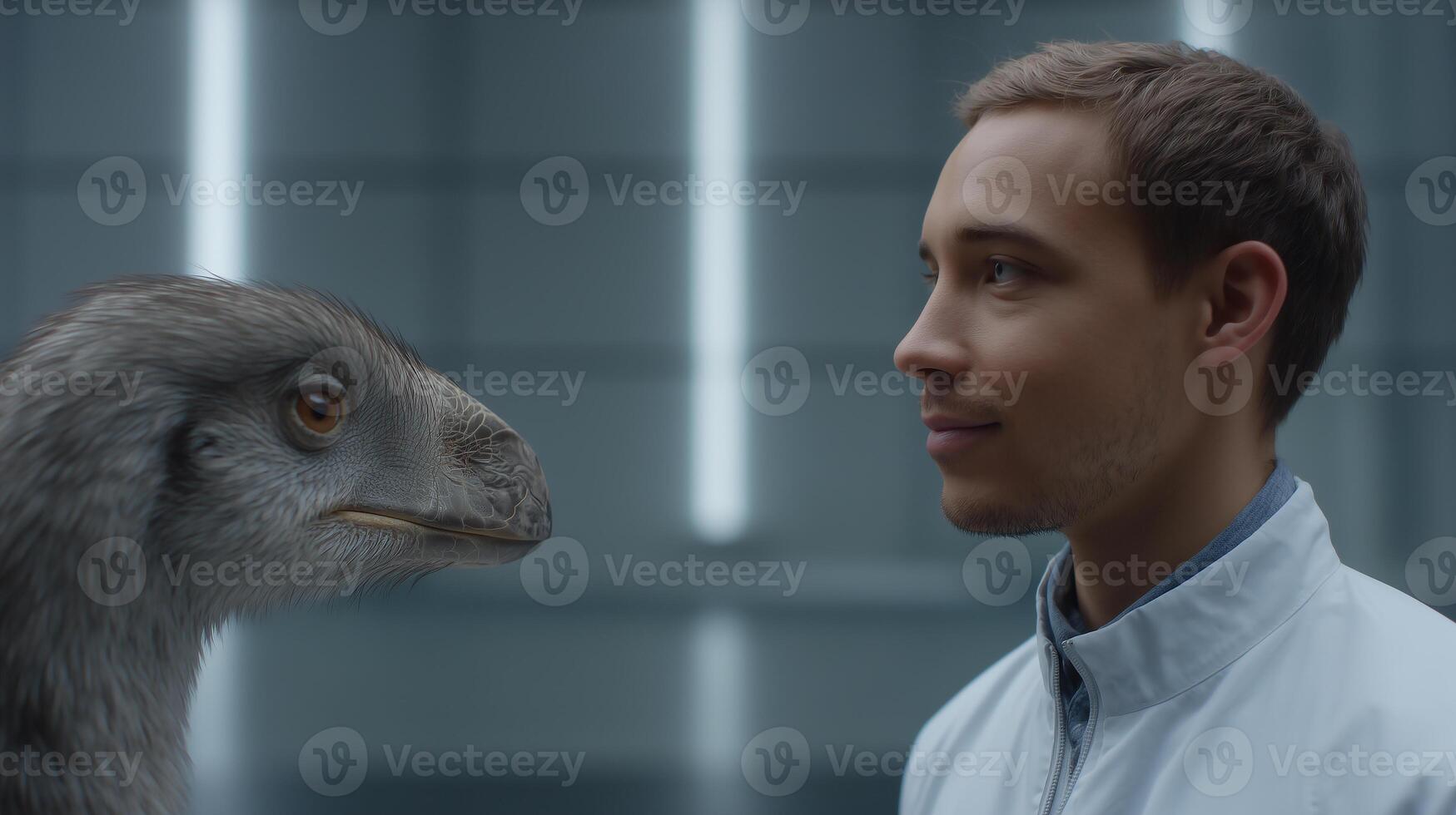This person stands by a reconstructed moa bird, showcasing species resurrection efforts. photo