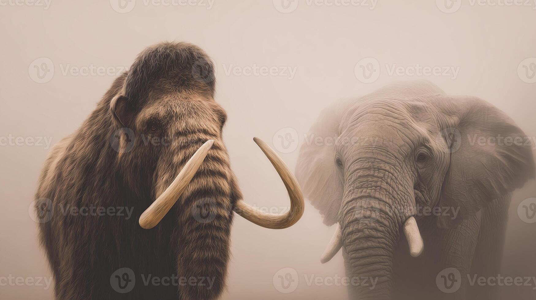This Featuring a realistic rendering of extinct species, including a mammoth alongside an elephant. photo