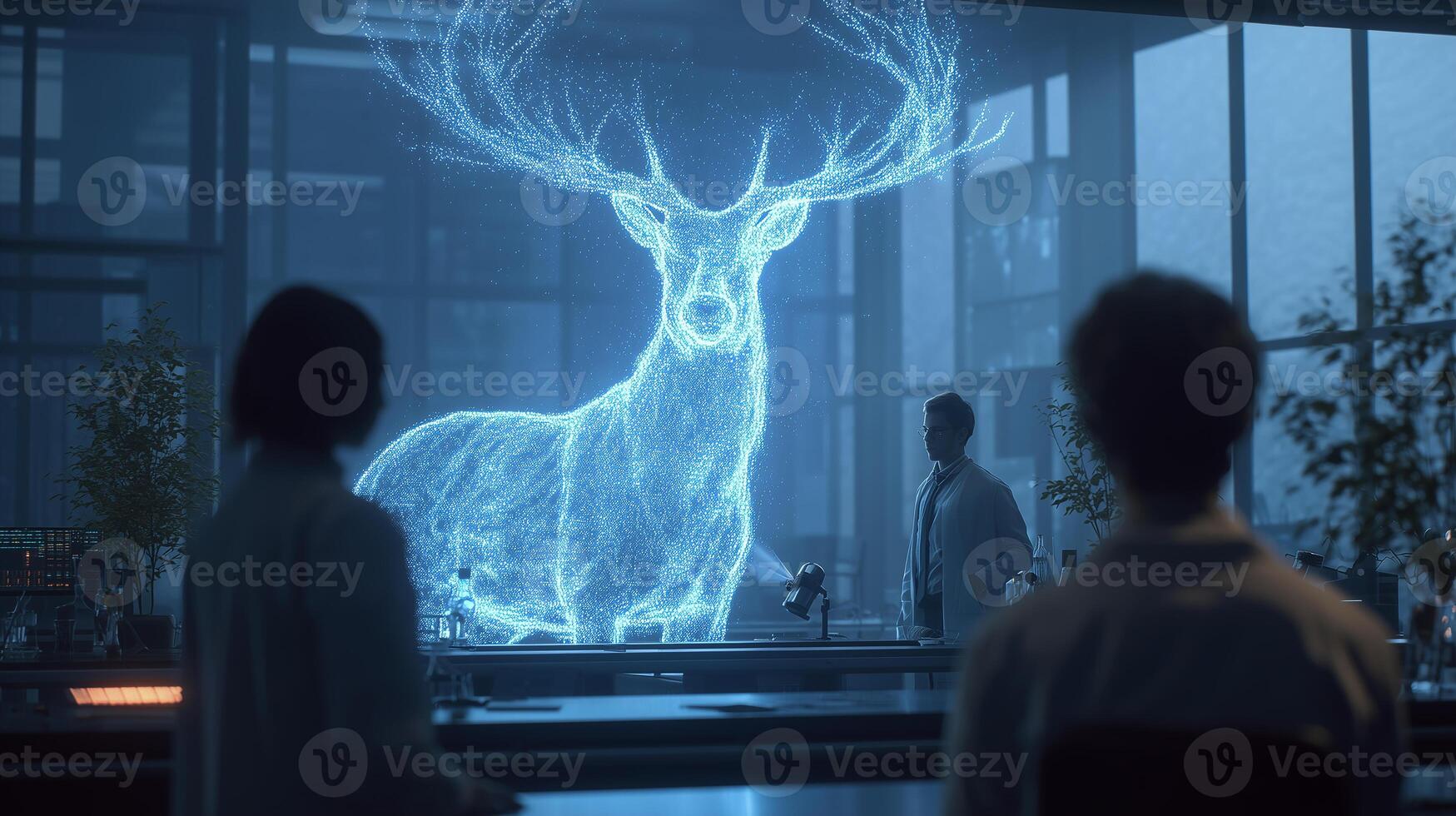 This Scientists analyze holographic representations of extinct animals in a futuristic lab setting. photo