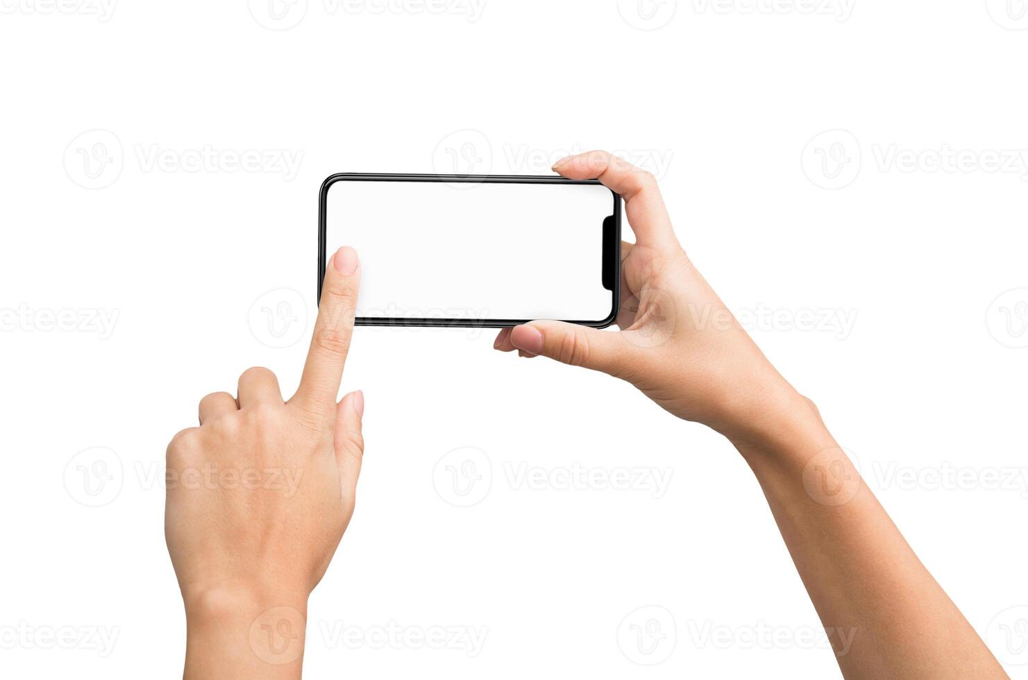 Female hands taking photo on smart phone with blank touch screen, isolated on white background, mockup