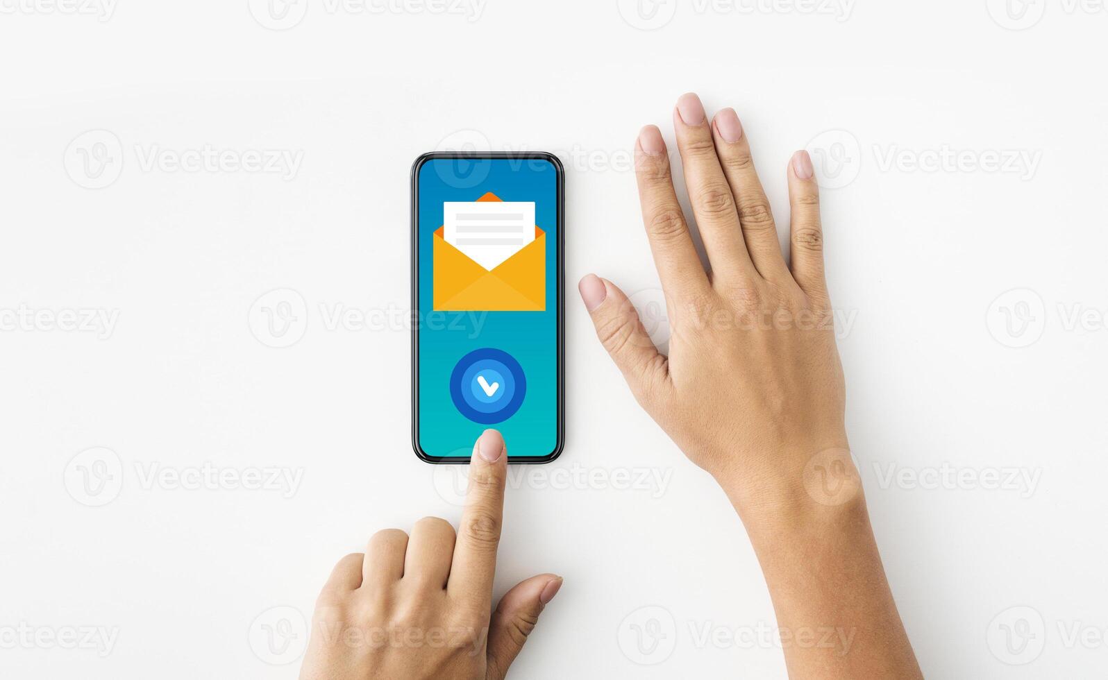Newslettering Concept. Unrecognizable Female Using Smartphone With Opened Envelope Sign And Check Mark Button, Subscribed To Email Marketing, Creative Collage, Top View With Copy Space photo