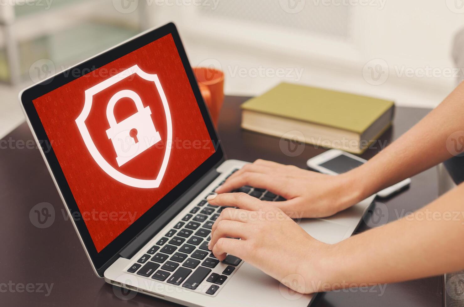 Blocked website or app and cyber security, ban or problems at work. Unrecognizable female hands typing on laptop enters login and password, at home or office with red screen and closed lock, close up photo