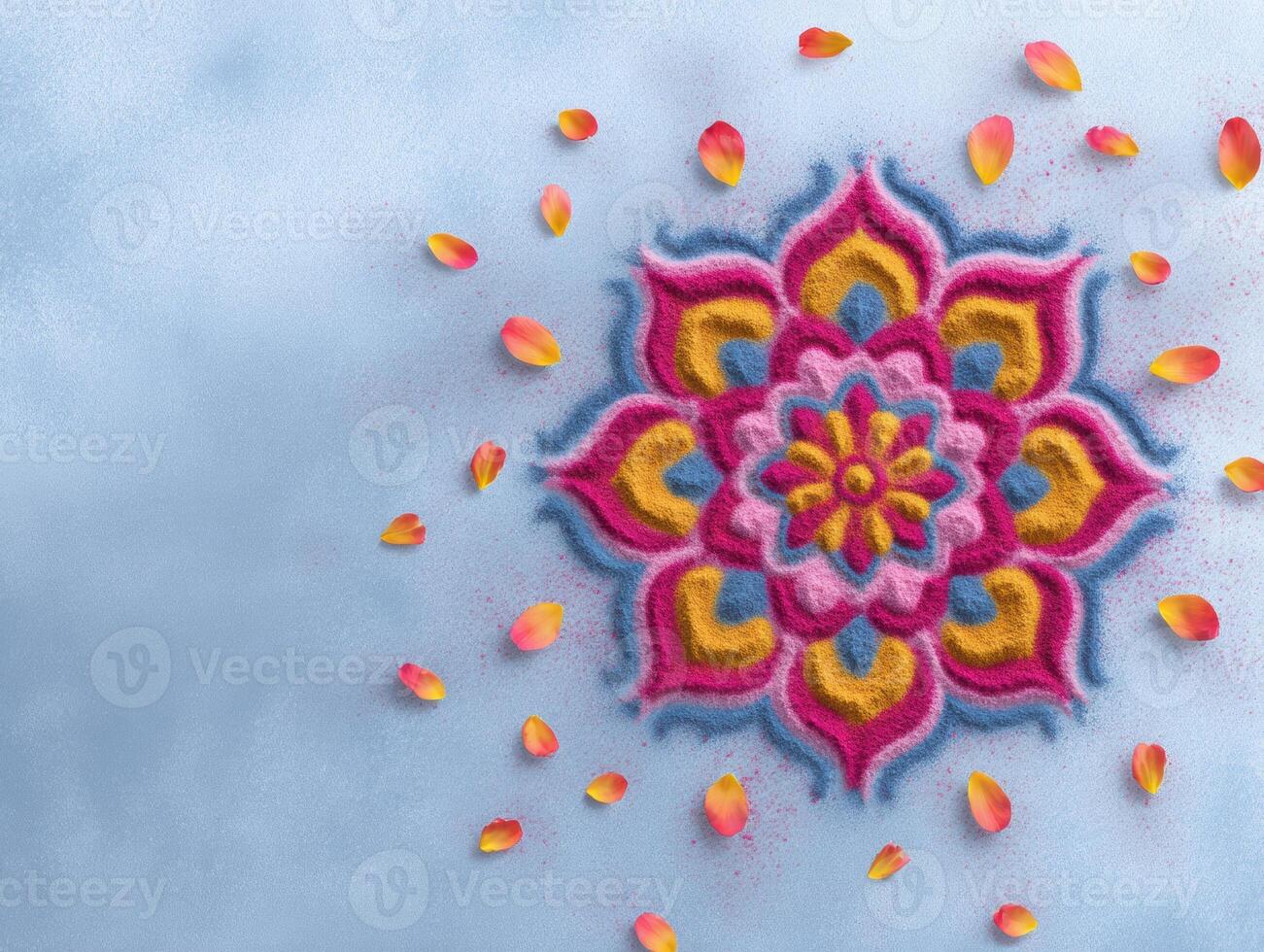Vibrant rangoli design with petals for Diwali celebration and decorative art photo