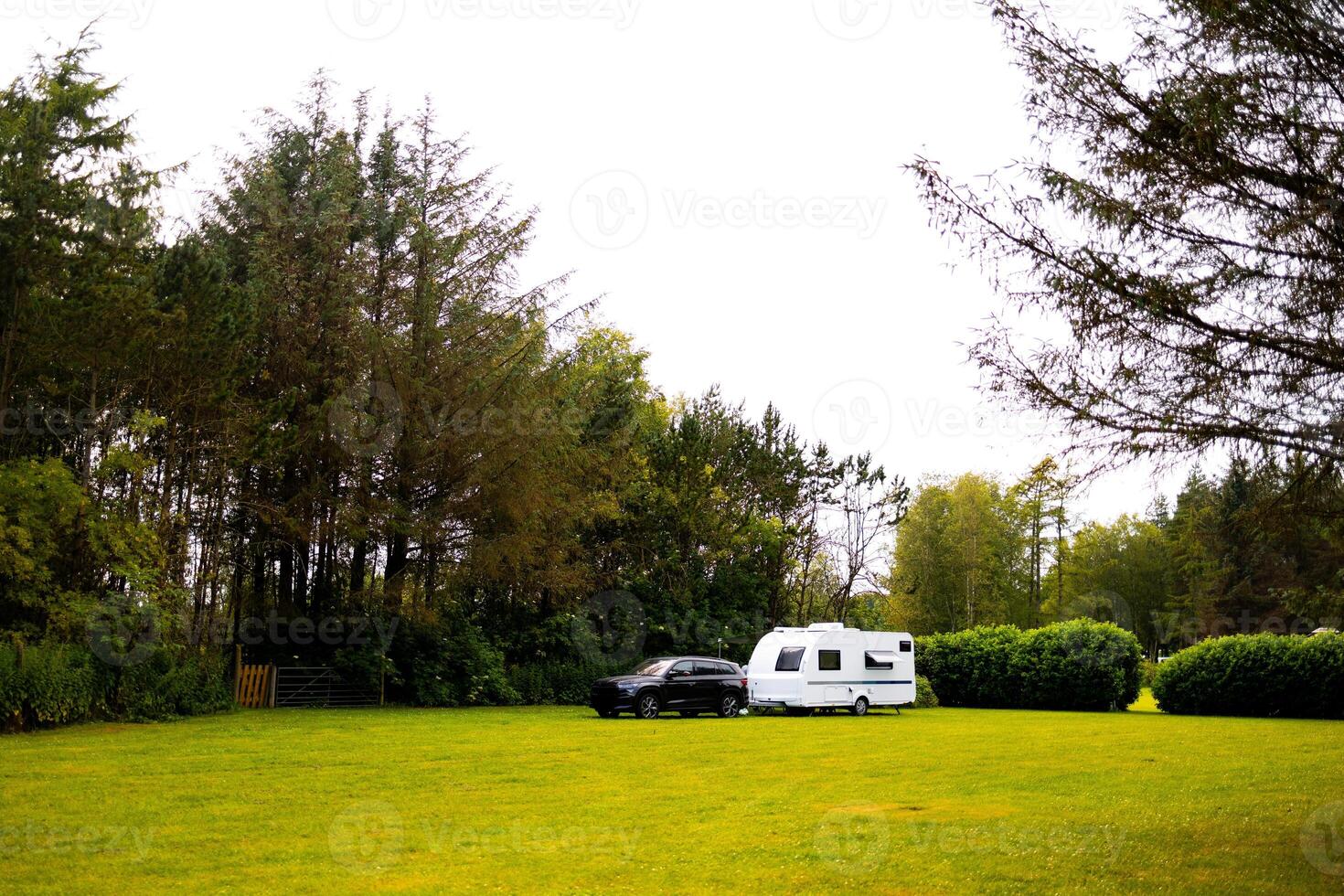Car and caravan parked on lush green field by forest with clear sky photo