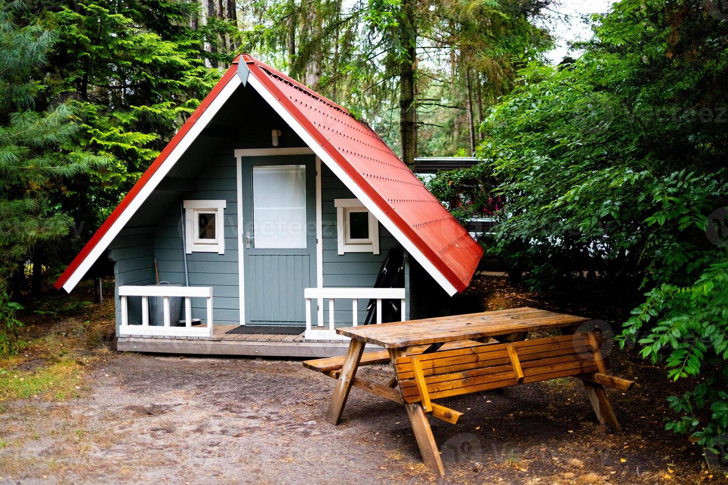 Charming A frame cabin with red roof in forest setting with picnic table photo
