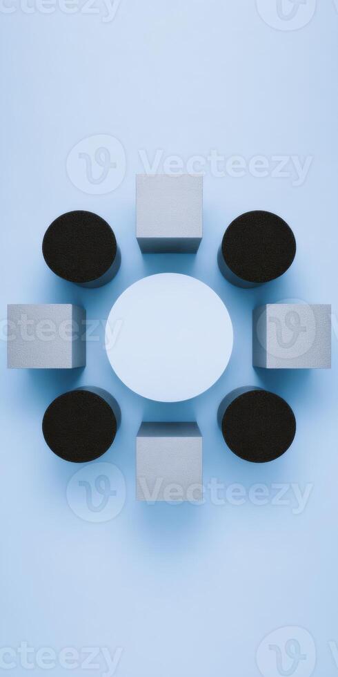 Abstract flat lay of geometric cylinders and shapes on blue background for modern design photo