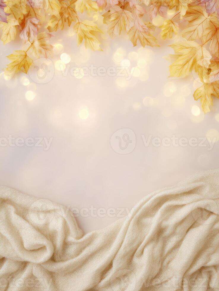 Fall leaves and cozy woolen fabric. Autumn scene for seasonal design photo