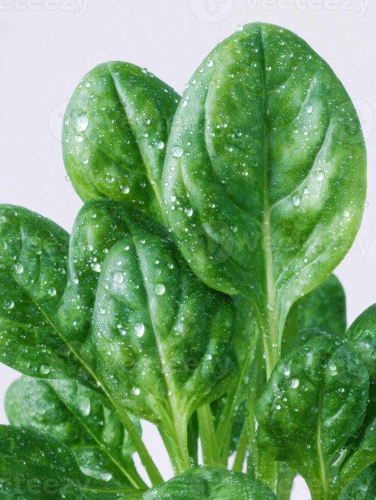 Macro view of dew covered spinach leaves in high detail for nature and botanical design photo