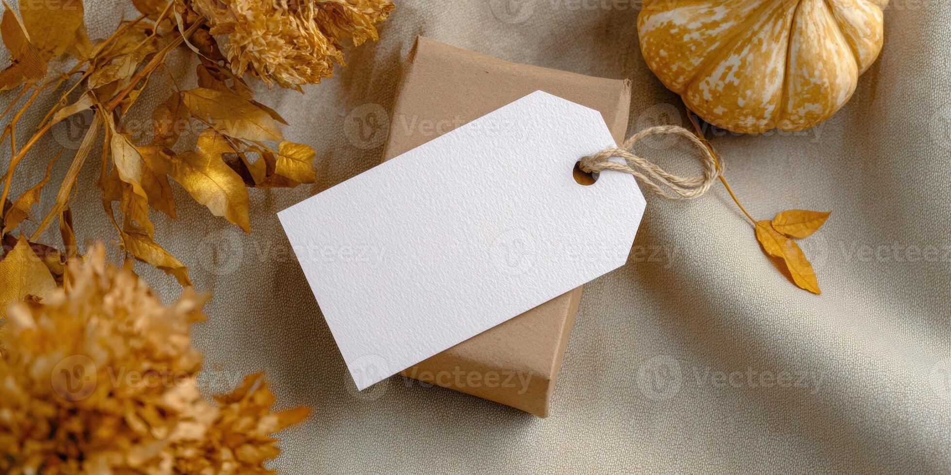 Modern gift tag mockup on string with autumn decor for festive design photo