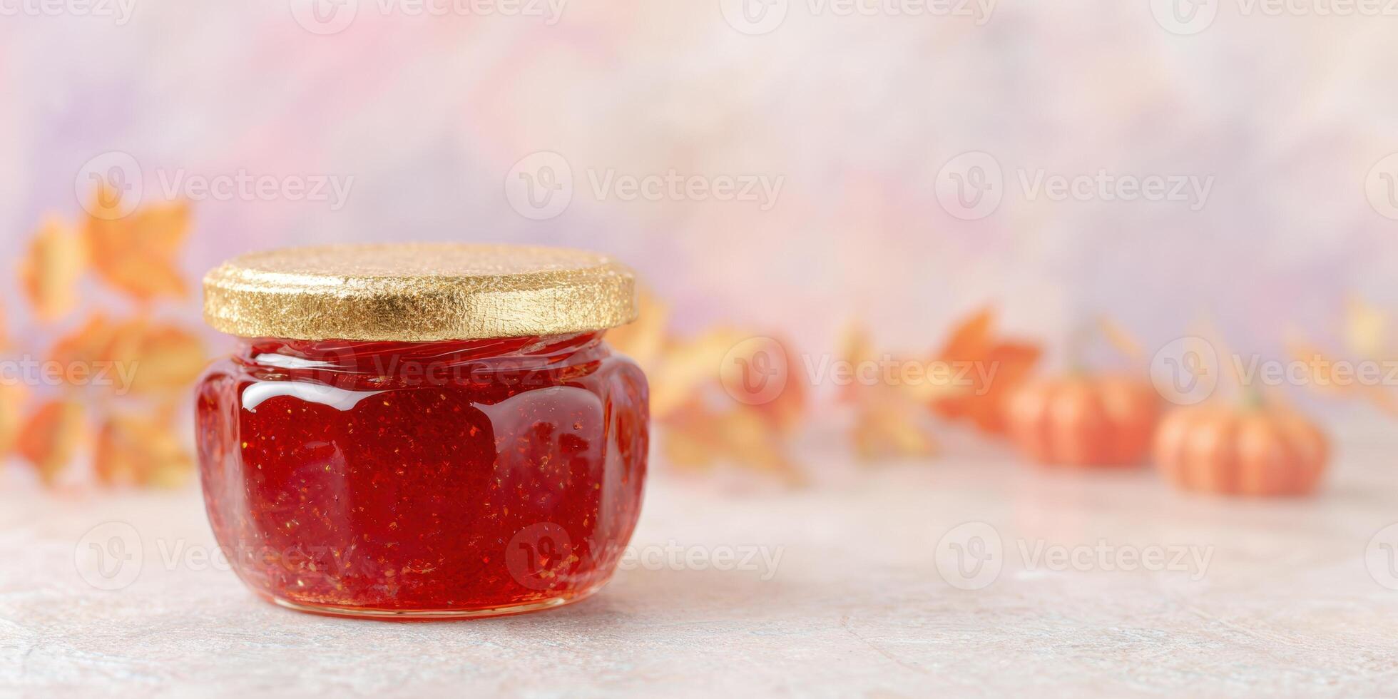 Autumn themed homemade jam jar with blank label for decoration or gift ideas photo