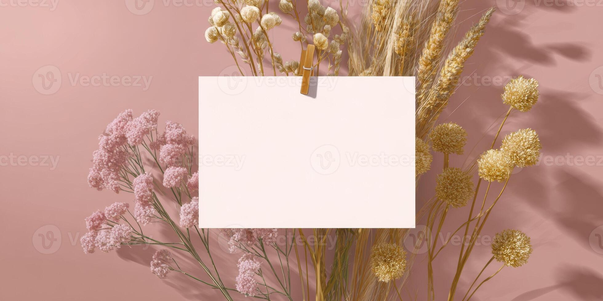 Minimal stationery branding mockup with postcard and flowers on pink background photo