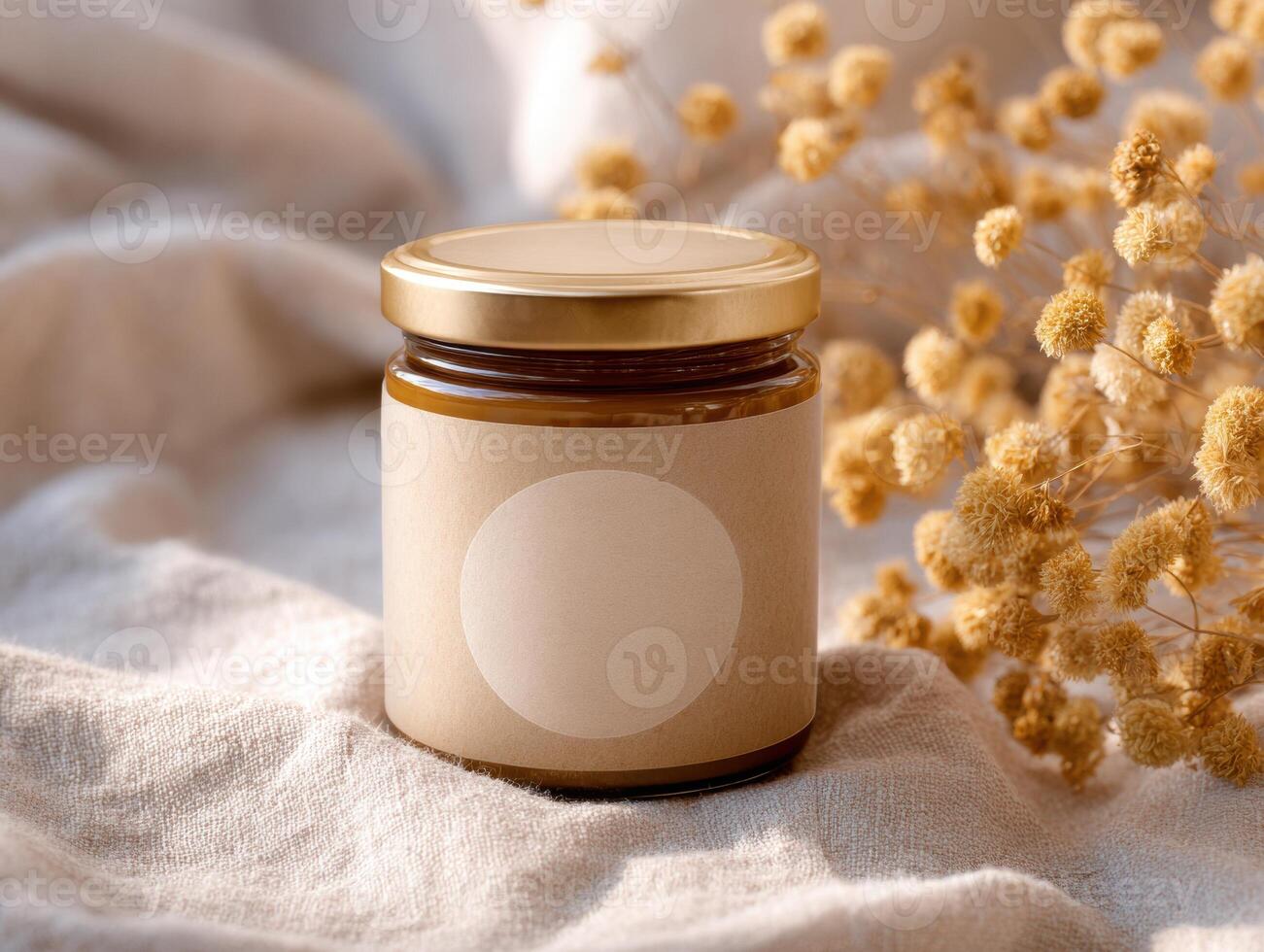Minimalist kraft candle jar with blank round label for custom design and decor photo
