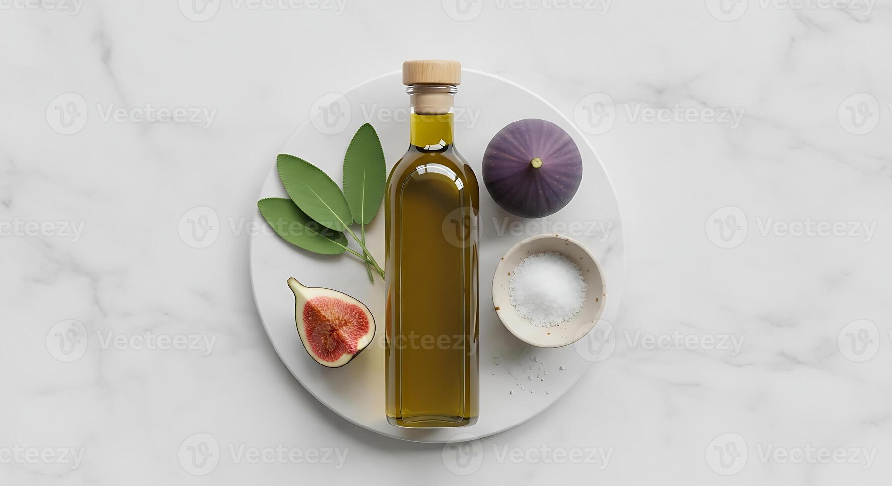 An olive oil bottle, figs, and salt on a white marble surface photo
